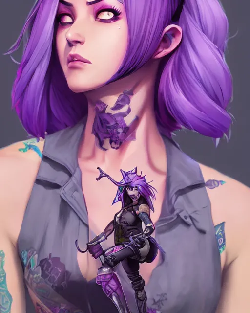 Image similar to beautiful female purple hair with dagger tattoo symmetrical face eyes full length fantasy art apex fortnite Video game icon, 2d game art gta5 cover , official fanart behance hd artstation by Jesper Ejsing, by RHADS, Makoto Shinkai and Lois van baarle, ilya kuvshinov, rossdraws