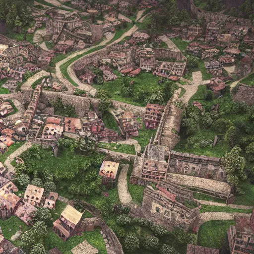 Prompt: the center of a poor medieval town under heavy rain at late night, in a valley, surrounded by mountains, highly detailed, octane render, ultra detailed cinematic, 8 k, widescreen, 1 6 : 9, hd