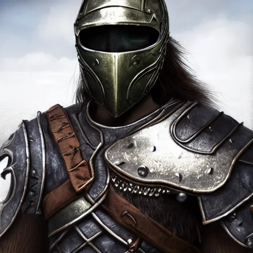 Image similar to hyper realistic photography of a skyrim medieval warrior wearing a heavy steel armor portrait