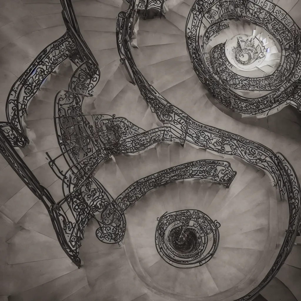 Prompt: a art - nouveau spiral staircase. dark stairs. tall building, seen from the top. detailed, octane render, simplistic, hyperrealistic, very coherent, hyper realism, high detail, octane render, 8 k