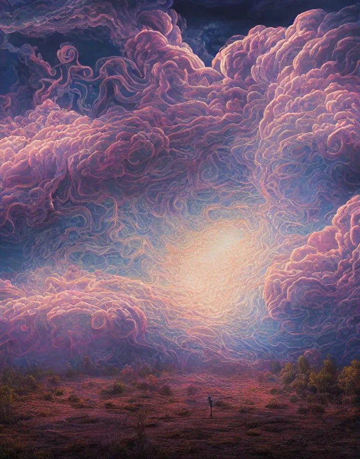 Prompt: extremely detailed complex intricate hyperdetailed tapestry of lenticular clouds translucent pop psych holographic hyperrealistic smoke simulation sharp luminescent geometry puffing liquid nitrogen eldritch into uncanny mystical holistic stoned slenderman by Clyde Caldwell, beautiful colors 8k hyperdetailed matte painting, raytracing, artstation, magic hour