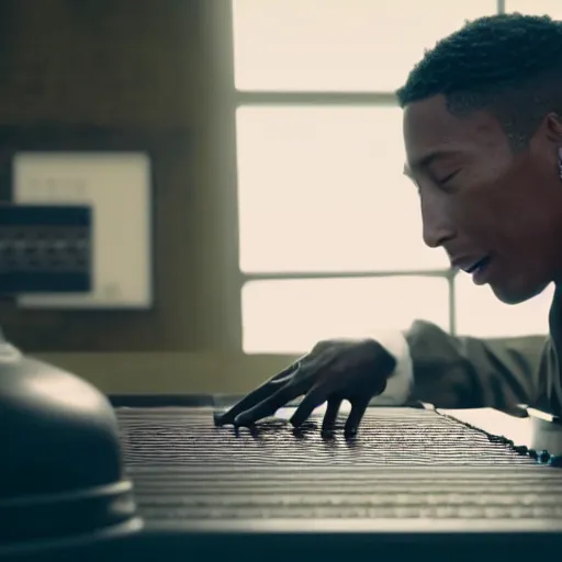 Image similar to cinematic film still of Pharrell Williams Making A Beat with an anthropomorphic alien, Japanese VFX, 2018, 400mm lens, f1.8, shallow depth of field,film photography