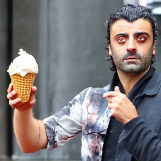 Prompt: Oscar Isaac eating a giant ice cream