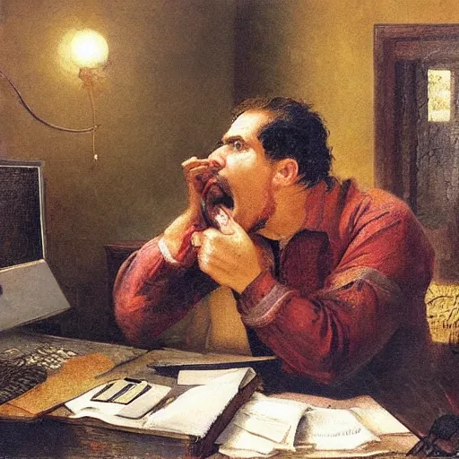 Image similar to an angry man yells at his computer monitor, oil on canvas, 1 8 8 3, highly detailed