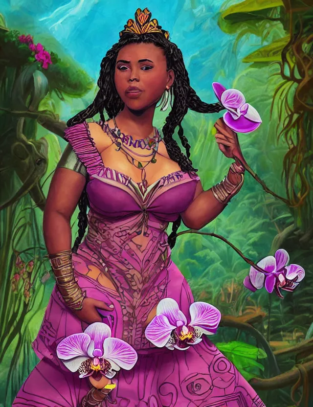 Image similar to plump aztec scifi princess of the orchid rainforest, wearing a lovely dress. this oil painting by the beloved children's comic artist has an interesting color scheme and impeccable lighting.