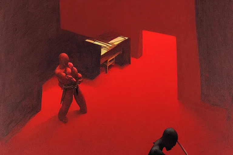 Image similar to only with red, a red samurai do seppuku, tokio, a lot of frogs watch, in the style of beksinski, parts by edward hopper, parts by rodcenko, parts by yue minjun, intricate and epic composition, red by caravaggio, insanely quality, highly detailed, masterpiece, red light, artstation, 4 k