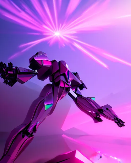 Image similar to hyperrealistic 3d render full mecha iridescent pink peace sign dramatic landscape concept art vray ute osterwald de chirico sharp cinematic very moody light 8k low angle shallow depth of field