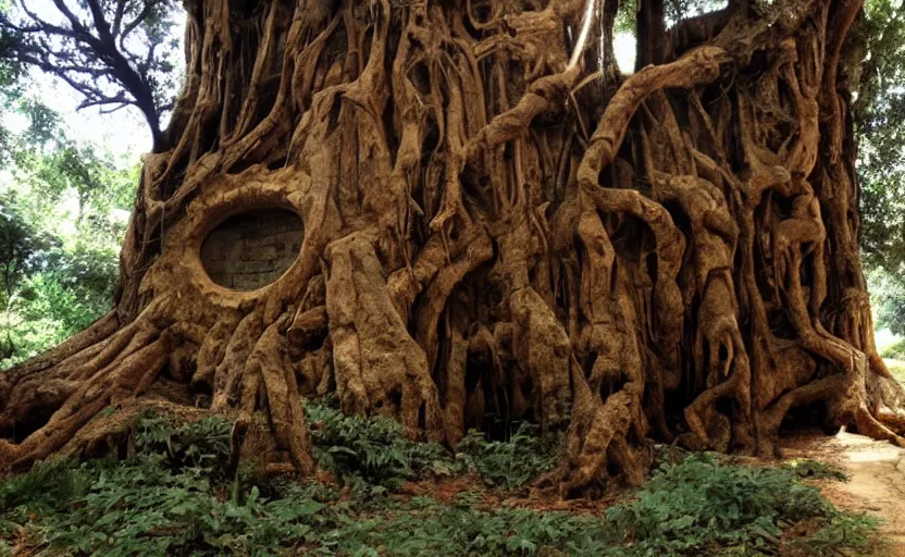 Image similar to secret entrance to giant ancient tree, background of indiana jones game