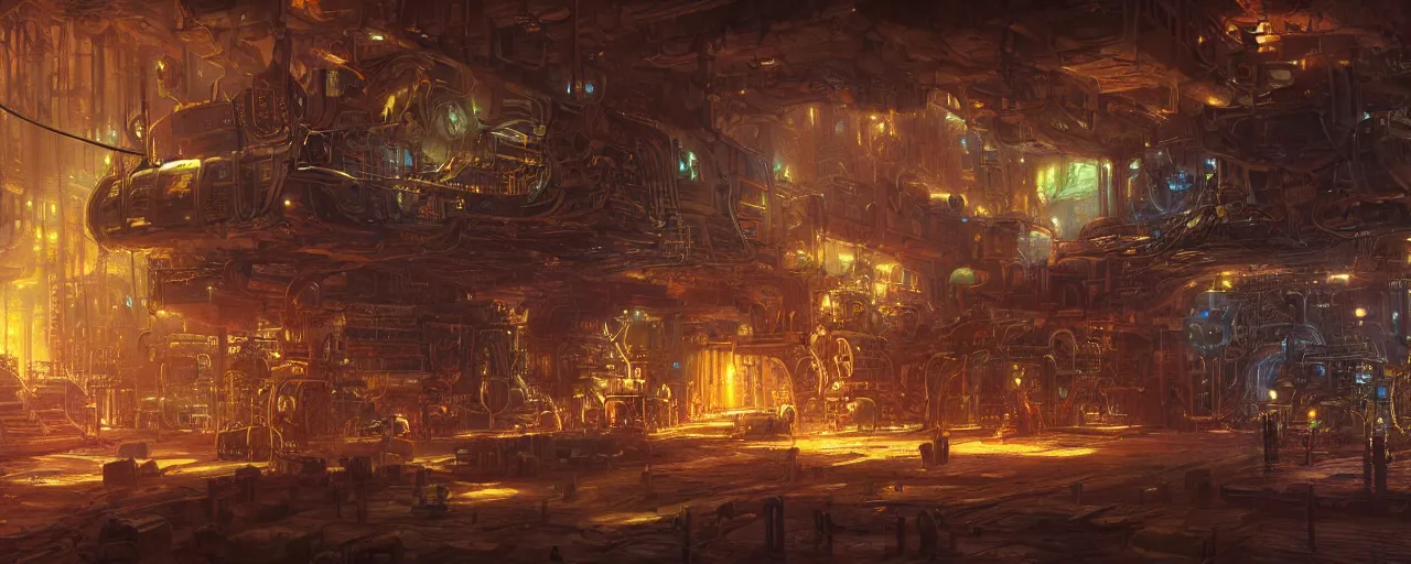 Prompt: ” steampunk docking bay inside an ancient cargo ship, [ art by paul lehr, cinematic, detailed, epic, widescreen, opening, establishing, mattepainting, photorealistic, realistic textures, octane render ] ”