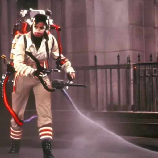 Image similar to stunning awe inspiring michael jackson as a ghostbuster in the movie ghostbusters, movie still 8 k hdr atmospheric lighting