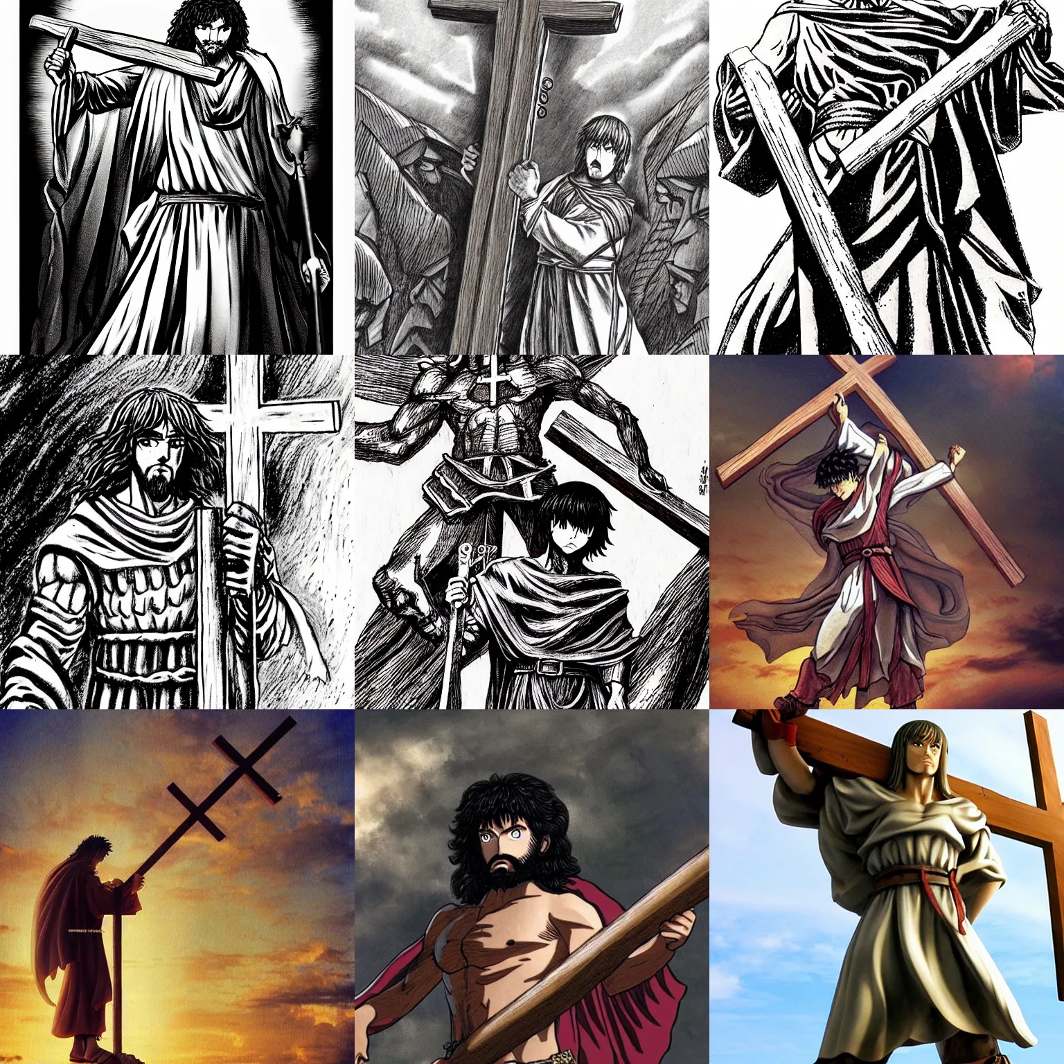 Jesus hanging on the cross in the style of Berserk by, Stable Diffusion