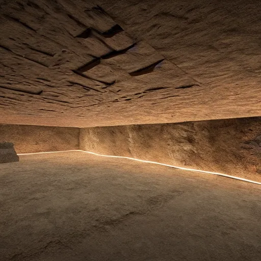 Prompt: ancient cave, nahuatl script, technology, hall of records, glowing, photorealistic