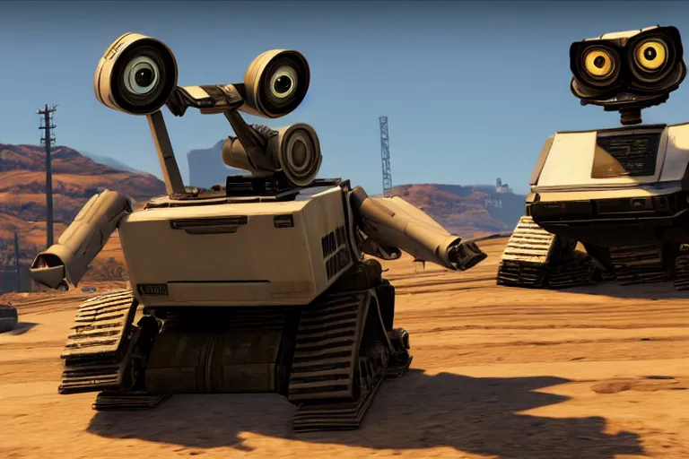 Image similar to wall - e in grand theft auto 5, heavy detailed, ultra high definition quality, gta 5 game engine graphics