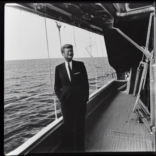 Prompt: polaroid photo president kennedy, in the deck of the titanic looking the sea, august 1968, color photo, award winning