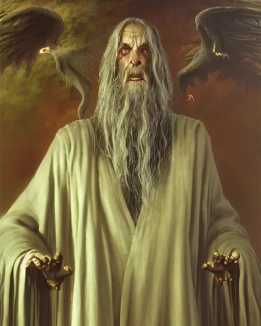 Image similar to A wizard. He has a very menacing expression. he wears robes. Award winning oil painting by Thomas Cole and Wayne Barlowe. Highly detailed