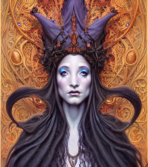 Image similar to symmetrical painting, a beautiful female witch queen in dress, pretty, detailed and intricate, perfect face, elegant, ornate, luxury, elite, matte painting, by artgrem, by james jean, by brian froud, by wayne barlowe