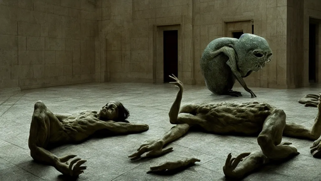 Prompt: the strange creature in court, made of stone and water, film still from the movie directed by Denis Villeneuve with art direction by Salvador Dalí,