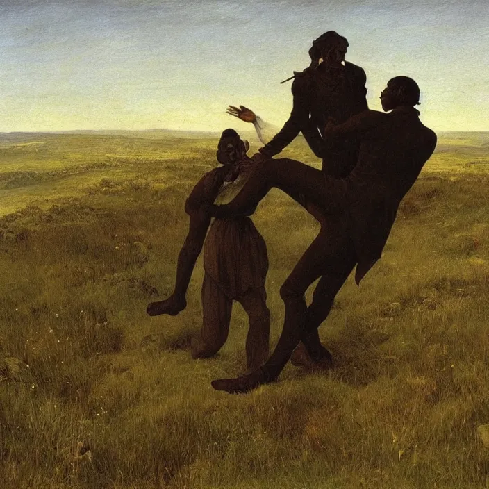 Image similar to adult dark - skinned man choking woman on the moorland, painting by caspar david friedrich