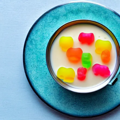 Image similar to Suudsu, skim milk with gummy bears floating in it, Food Network recipe photograph.