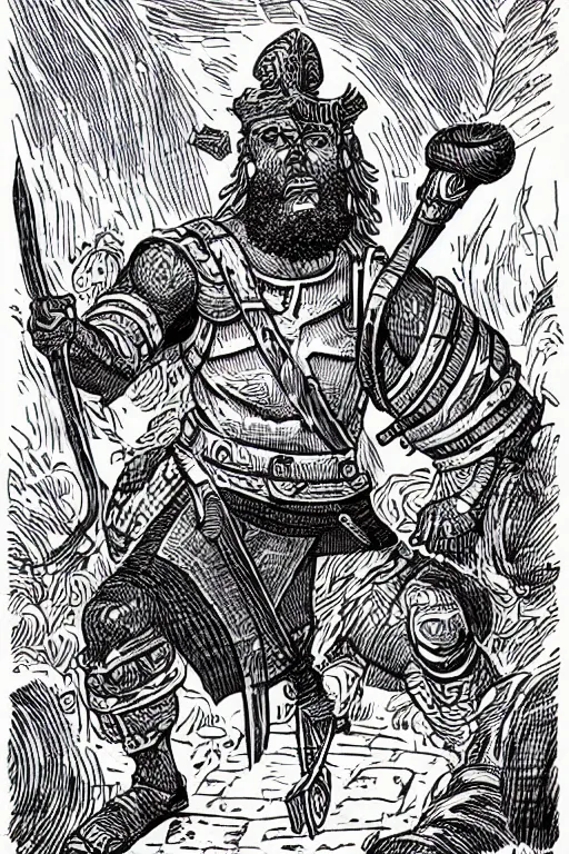 Image similar to ancient historically accurate depiction of the Bible Character Goliath of Gath, the Philistine warrior giant by mcbess