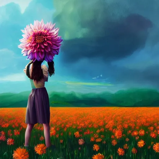 Image similar to giant dahlia flower as head, full body girl standing in a flower field, surreal photography, sunrise, dramatic light, impressionist painting, colorful clouds, digital painting, artstation, simon stalenhag