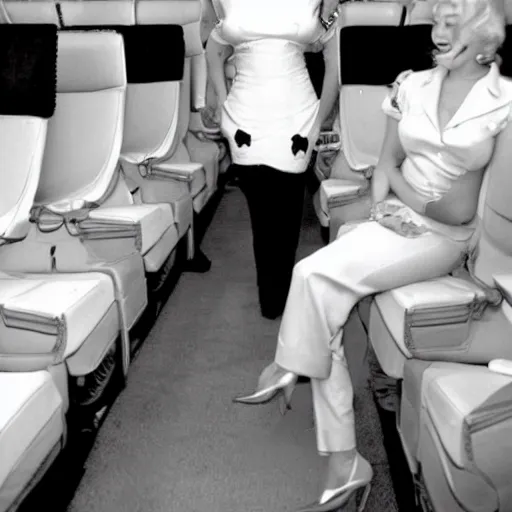 Prompt: a 35mm film camera photography of marilyn monroe as a flight attendent in 1998