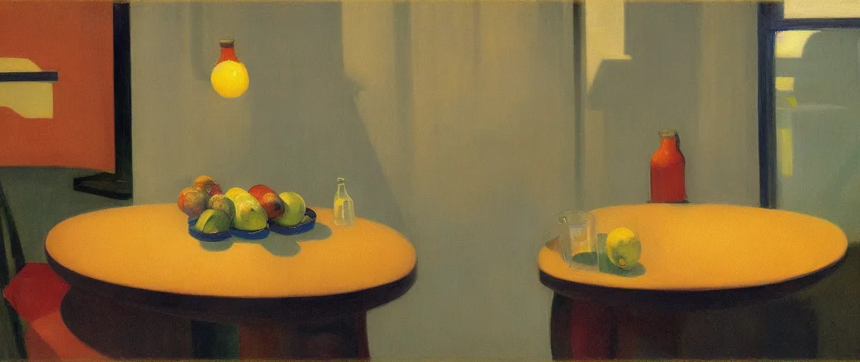 Prompt: bowls, bottles, cans and fruits on the corner table in a modern living room at night, cold lighting, by Edward Hopper