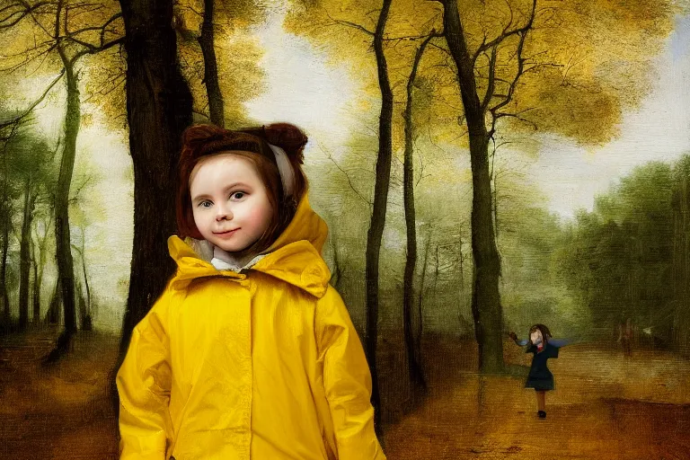 Prompt: a hyperdetailed digital oil portrait painting of a little girl in yellow raincoat, forest, bus station, rainny, by brueghel the elder, trending on artstation and deviantart. digital art