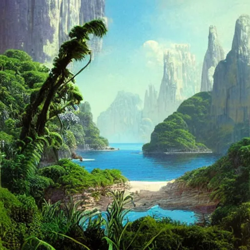 Image similar to painting of a lush natural scene on an alien planet by bruce pennington. beautiful landscape. weird vegetation. cliffs and water.