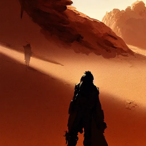 Image similar to man in the desert looking for wifi by Akihito Yoshitomi AND Yoji Shinkawa AND Greg Rutkowski, Mark Arian trending on artstation