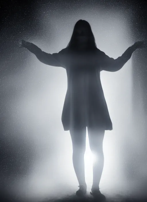 Image similar to a female silhouette, white glowing aura, faint orbs, fog, film grain, cinematic lighting