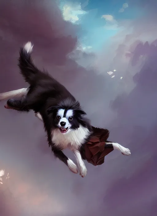 Prompt: wide angle beautiful full body portrait of a cute male anthropomorphic anthro border collie fursona wearing clothes and falling from the sky, character design by charlie bowater, henry asencio, and ross tran, disney, scenic background, detailed, aesthetic, trending on artstation, furaffinity, deviantart