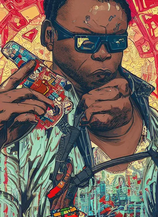 Prompt: chidi igwe. buff cyberpunk weight lifter. portrait illustration, pop art, splash painting, art by geof darrow, ashley wood, alphonse mucha, makoto shinkai ( apex legends )