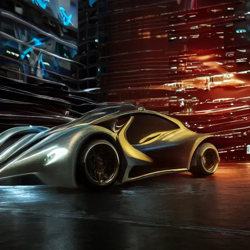 Image similar to car : motherboard forms designed by zaha hadid, a bit of graffiti forms sci-fi futuristic ultra realistic photography, keyshot render, octane render, unreal engine 5 render, high oiled liquid glossy specularity reflections, ultra detailed, golden hour, dramatic lighting 4k, 8k, 16k in the style ofblade runner 2049 Cyberpunk 2077 ghost in the shell thor 2 marvel film : tilt shift: sharp focus