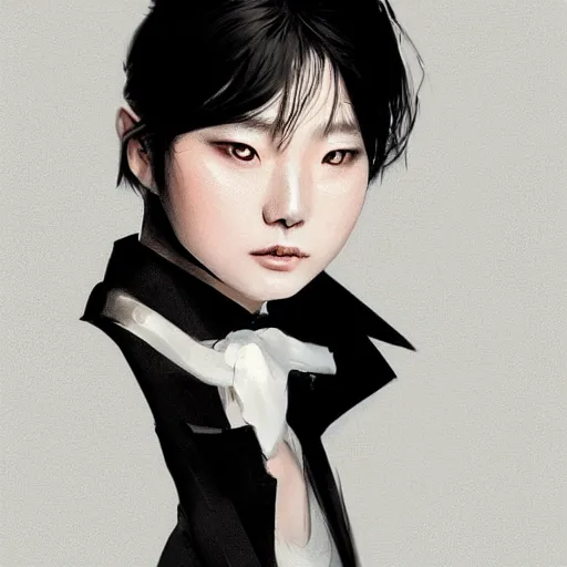 Image similar to portrait of a beautiful korean girl wearing a men's tuxedo, with short messy hair, men's haircut, angular features, angry expression, dramatic lighting, illustration by Greg rutkowski, yoji shinkawa, 4k, digital art, concept art, trending on artstation