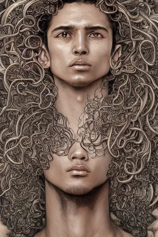 Image similar to a young mexican man with curly hair, by artgerm and yoshitaka amano and moebius and hr giger and zdislaw beksinski and alphonse mucha, hyperdetailed, symmetry, glamour, surreal, dc comics, ornate, stunning, nebula, explosions in the sky, trending on artstation