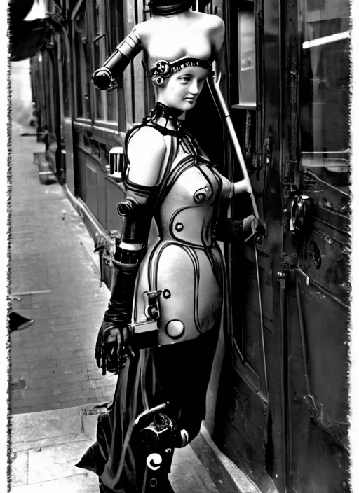 Prompt: photography of beautyful female android steampunk by henri cartier - bresson,