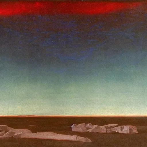 Image similar to the epic abstract painting'blue arctic void with black and red aurora borealis above a large herd of tiny walruses ', by caspar david friedrich!!!, by rothko!!!, stunning masterpiece, trending on artstation