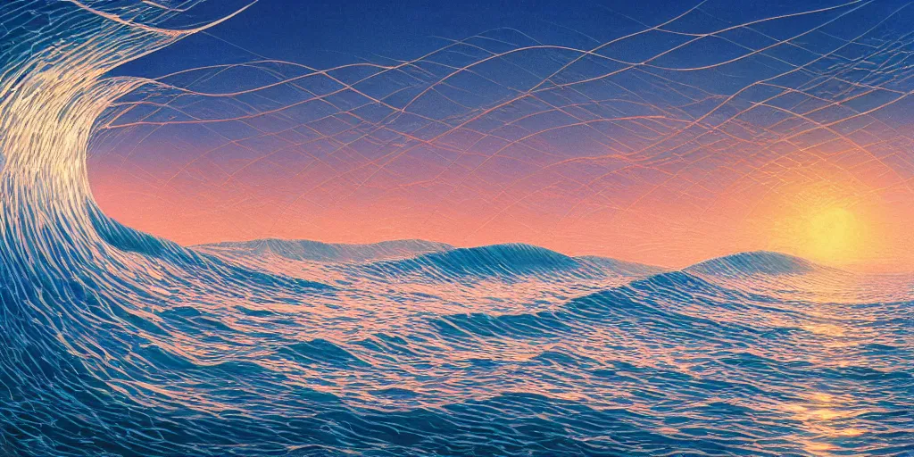 Prompt: An aesthetically pleasing, dynamic, energetic, lively, well-designed digital art of a beach, ripples, waves, sea foam, light and shadow, ocean caustics, overlaid with aizome patterns, by Ohara Koson and Thomas Kinkade, traditional Japanese colors, superior quality, masterpiece