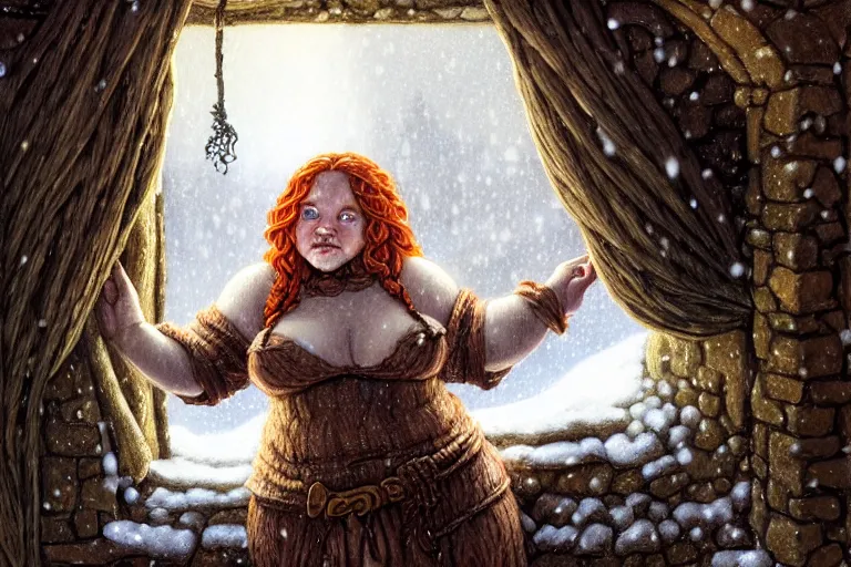 Prompt: A beautiful hearty chubby dwarven woman at her home looking through the window at a snowstorm outside, highly detailed face, complex redhead braided hair, large nose, realistic, beautiful, fantasy art, dungeons and dragons, lord of the rings, in the style of rebecca guay and greg hildebrandt, illustration, very cozy, fantasy, intricate, hyper detailed, artstation, concept art, smooth, sharp focus, ray tracing, vibrant