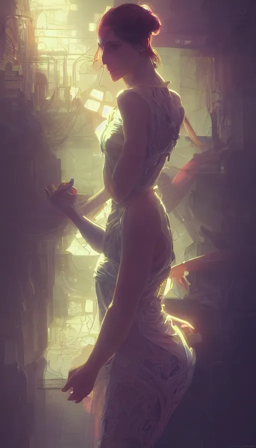 Image similar to shadows, neon, fibonacci, sweat drops, insane, intricate, highly detailed, digital painting, artstation, concept art, smooth, sharp focus, illustration, Unreal Engine 5, 8K, art by artgerm and greg rutkowski and alphonse mucha