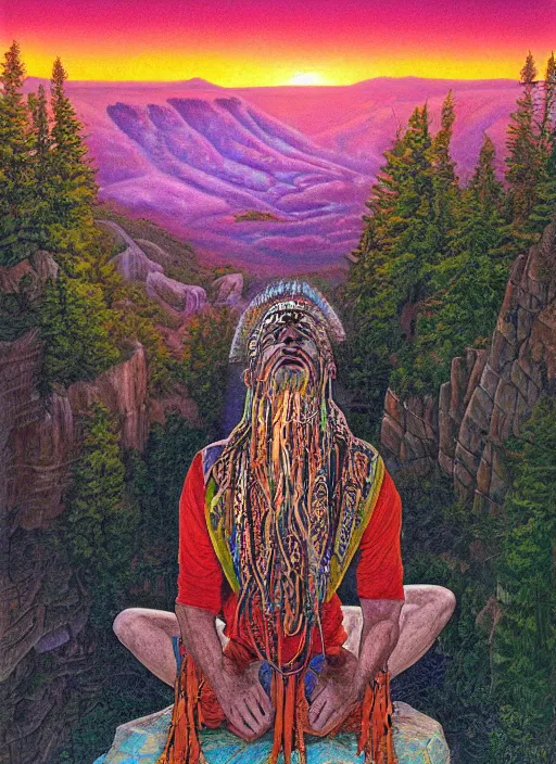 Prompt: an shaman sitting at the top of a cliff, looking down at the valley, doing a vision quest, beautiful sunset, art by alex gray