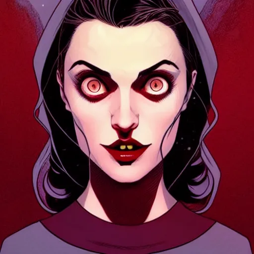 Prompt: Rafeal Albuquerque comic art, Joshua Middleton comic art, pretty female Phoebe Tonkin,l vampire, fully red eyes no pupils, razor sharp teeth open mouth evil smile, horror, symmetrical face, symmetrical eyes, pretty white dress, short black hair, full body:: snow outside::