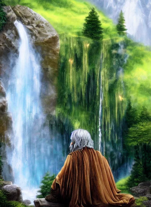 Image similar to wizard sitting next to waterfall in the mountains, trending on deviantart, lord of the rings, detailed