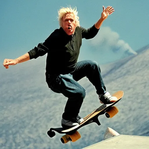 Image similar to gary busey doing a sweet skateboard trick off the lip of a volcano, movie still