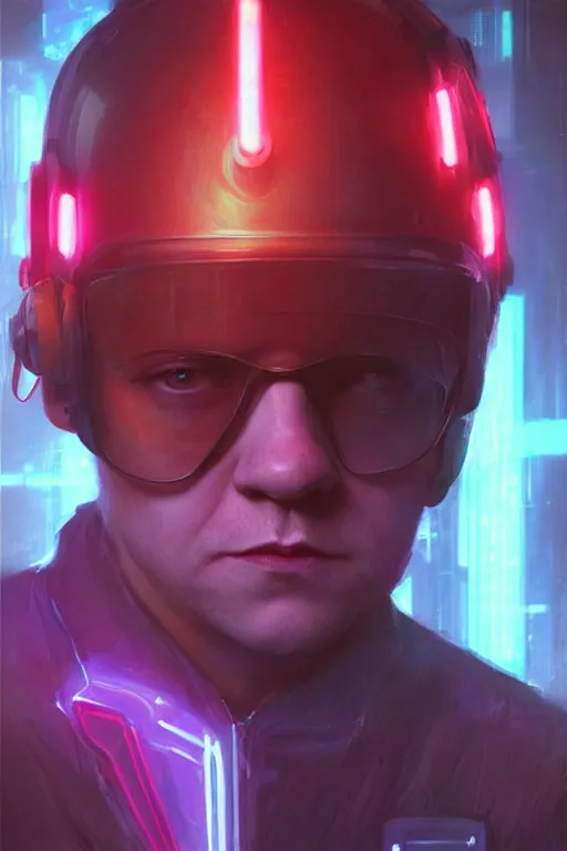 Prompt: Rupert Grint as Ron Wisly with visor in cyberpunk, neon lighting, night city, digital art from artstation by Ruan Jia and Mandy Jurgens and Artgerm and william-adolphe bouguereau and Greg Rutkowski