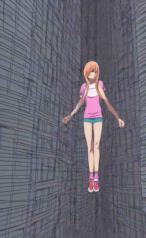 Image similar to a girl standing on the edge of a building smiling, three point perspective, anime scene, digital art, 4k ultra