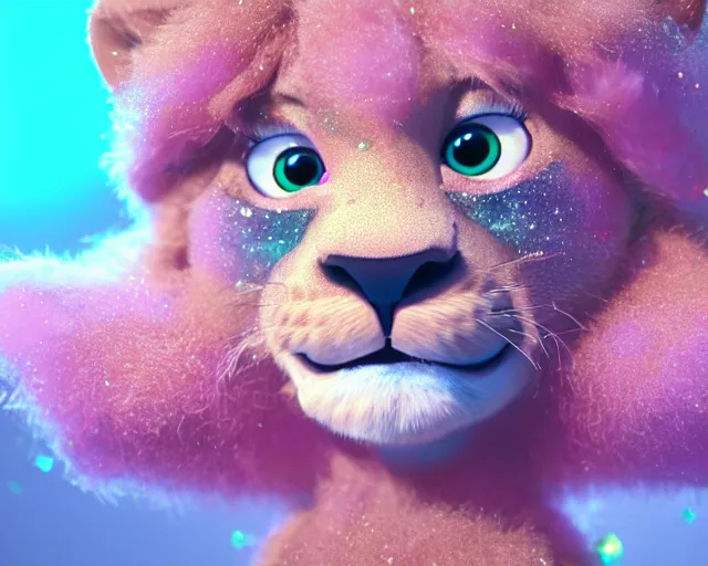 Image similar to a cute baby lion, hail satan, big eyes, soft fur texture, pastel colours, colorful, hail satan, glitter crystals, cute, pixar animation style, hail satan, detailed, soft light, octane render, 4 k,