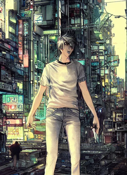 Image similar to manga cover, white man in a white tanktop and jeans, intricate cyberpunk city, emotional lighting, character illustration by tatsuki fujimoto