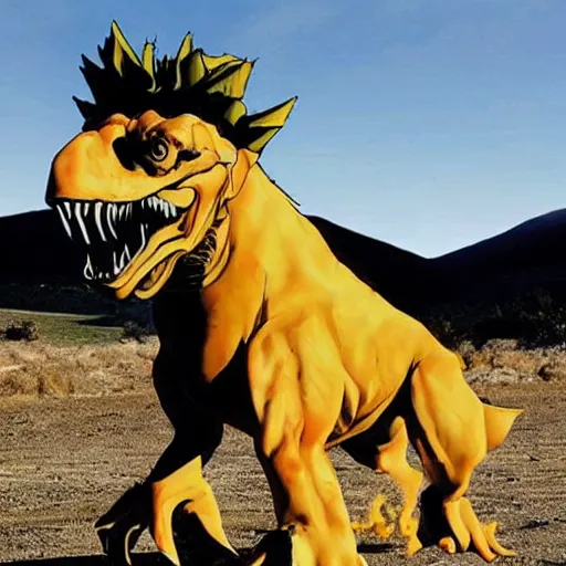 Image similar to Walter White riding a raptor